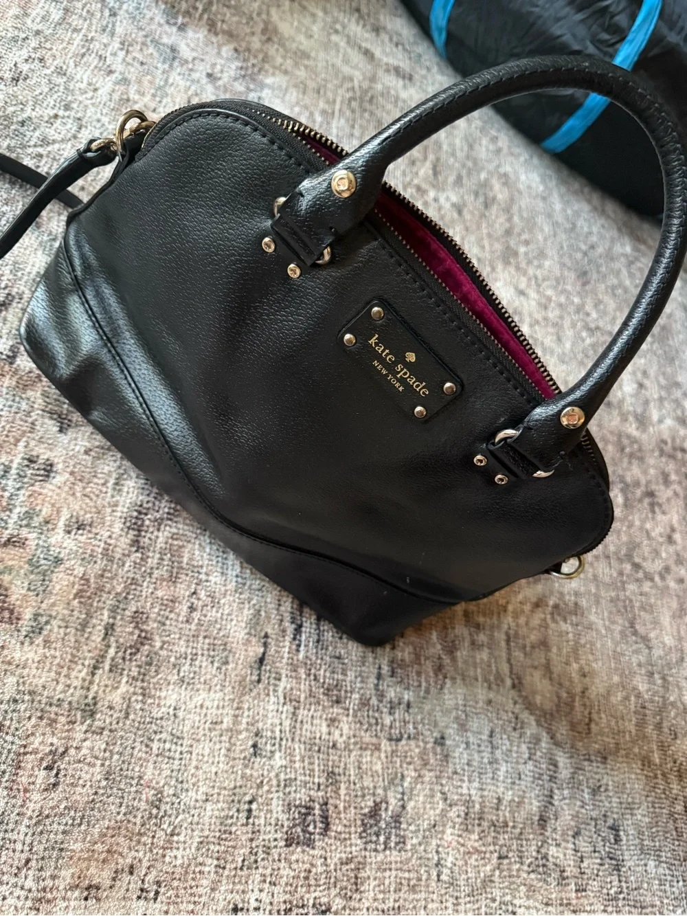 kate spade Black Leather Satchel with Magenta Interior